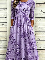 Purple Floral Crew Neck Half Sleeve A-Line Midi T-Shirt Dress For Women