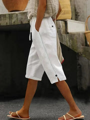 White Drawstring Waist Side Split Button Linen Straight Capri Pants For Women