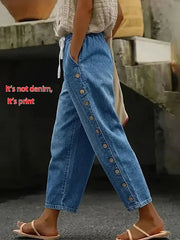 Blue Faux Denim Print Drawstring Waist Side Button H-Line Baggy Cropped Pants For Women