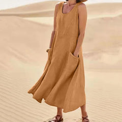 Sleeveless Round Neck Patch Pocket Linen Blend A-Line Maxi Dress For Women