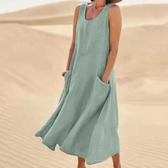 Sleeveless Round Neck Patch Pocket Linen Blend A-Line Maxi Dress For Women