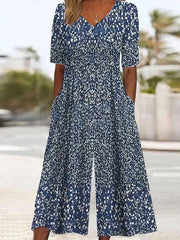 Purplish Blue Ditsy Floral V-Neck Short Sleeve Wide Leg Ankle-Length Jumpsuit For Women