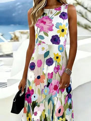 White Base Multicolor Watercolor Floral Round Neck Sleeveless Flowy A-Line Midi Summer Sundress For Women