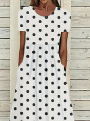White Black Polka Dot Crew Neck Short Sleeve Gathered Waist Side Pocket Loose H-Line Maxi Shift Dress For Women