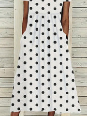 White Black Polka Dot Crew Neck Short Sleeve Gathered Waist Side Pocket Loose H-Line Maxi Shift Dress For Women