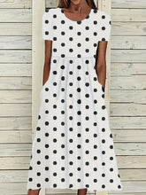 White Black Polka Dot Crew Neck Short Sleeve Gathered Waist Side Pocket Loose H-Line Maxi Shift Dress For Women