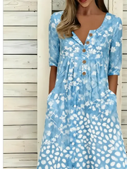 Blue Two-Tone Floral Dot Print Half Open Collar Half Sleeve Button Front Side Pocket Loose Midi Dress For Women