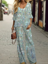 Iridescent Glitter Abstract Print Scoop Neck Long Sleeve Top & Wide Leg Pants Two Piece Matching Set For Women