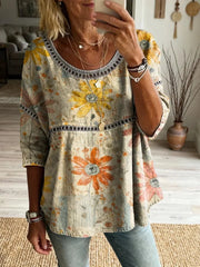 Women's Bohemian Vintage Floral Art Print Casual Round Neck Cutout Top