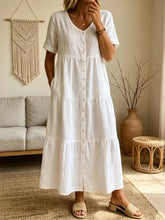 Women's Casual Short-Sleeve V-Neck Cotton Linen Cardigan Dress