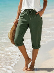 Cotton Linen Capri Khaki Pants Drawstring Non-Stretch Summer