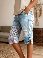 Women's Retro Patchwork Floral Art Print Casual Denim Shorts Share on Facebook
