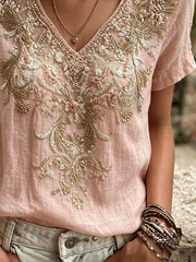 Pink Linen-Like V-Neck Intricate Vintage Floral Embroidery Short Sleeve Casual Women T-Shirt