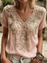 Pink Linen-Like V-Neck Intricate Vintage Floral Embroidery Short Sleeve Casual Women T-Shirt