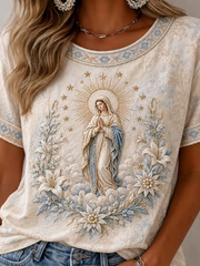 Vintage Madonna Floral Wreath Print Crew Neck Short Sleeve Casual Women T-Shirt