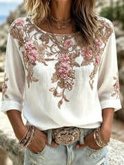 White Luxurious Neckline Floral Embroidery Crew Neck Half Sleeve Micro-Elastic Regular Fit Women Blouse