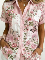 Pink Patchwork Gingham Floral Butterfly Print Short Sleeve Micro-Elastic Regular Fit Women Button Shirt