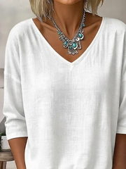 White Solid Plain V-Neck Three Quarter Loose Casual Women T-shirt