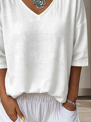 White Solid Plain V-Neck Three Quarter Loose Casual Women T-shirt