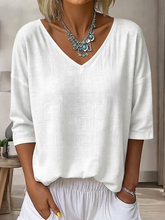White Solid Plain V-Neck Three Quarter Loose Casual Women T-shirt