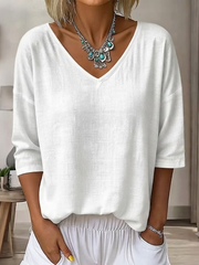 White Solid Plain V-Neck Three Quarter Loose Casual Women T-shirt