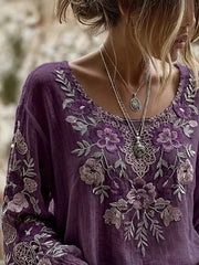 Purple Floral Embroidered Crew Neck Elastic Long Sleeve Micro-Elastic Regular Fit Women Blouse