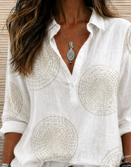 White Concentric Circle Embroidered Shawl Collar Long Sleeve Micro-Elastic Regular Fit Women Shirt