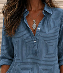 Blue Concentric Square Abstract Graphic Shawl Collar Long Sleeve Micro-Elastic Regular Fit Women Shirt