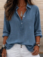 Blue Concentric Square Abstract Graphic Shawl Collar Long Sleeve Micro-Elastic Regular Fit Women Shirt