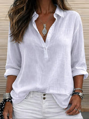 White Plain Shawl Collar Long Sleeve Micro-Elastic Regular Fit Women Shirt