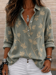 Green Leaf Embroidered Shawl Collar Long Sleeve Women Shirt