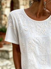 White Floral Embroidered Crew Neck Short Sleeve Tee