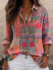 Pink Boho Floral Shawl Collar Long Sleeve Shirt