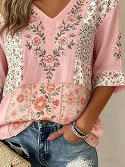 Pink Patchwork Floral V-Neck Half Sleeve Blouse
