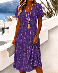 Purple Sequin Striped V-Neck A-Line Midi Dress