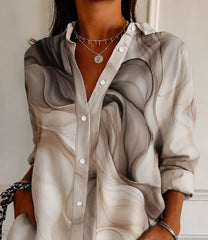 Gradient Wave Print Collared Loose Long Sleeve Shirt