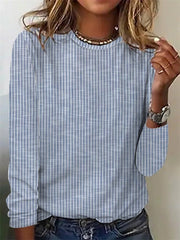 Stripe Print Round Neck Long Sleeves Blouse