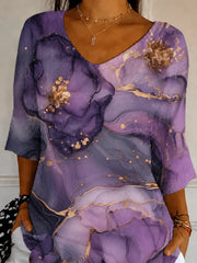 Purple Marble Floral V-Neck 3/4 Sleeve Tee