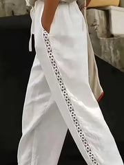 White Lace Trim Drawstring Casual Long Pants