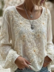 White Daisy Embroidered Crew Neck Loose Blouse