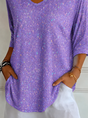 Purple Sparkly V-Neck 3/4 Sleeve T-Shirt
