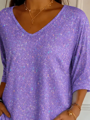 Purple Sparkly V-Neck 3/4 Sleeve T-Shirt