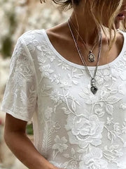 White 3D Floral Embroidered Crew Neck Tee