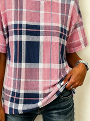 Pink Plaid Crew Neck Short Sleeve T-Shirt