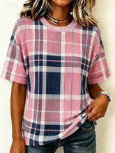 Pink Plaid Crew Neck Short Sleeve T-Shirt
