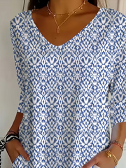 Blue Ikat Abstract V-Neck Three-Quarter Sleeve T-Shirt