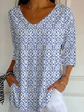 Blue Ikat Abstract V-Neck Three-Quarter Sleeve T-Shirt