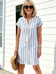 Breathable Cotton Dress Loose Casual Striped Shirt Dress