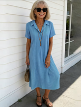 Loose Short-sleeved V-neck Solid Color Cotton and Linen Shirt Dress