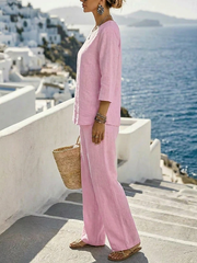 Pink Linen 3/4 Sleeve Top & Wide Leg Pants 2 Piece Set